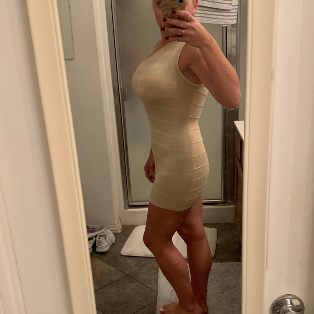 One-shoulder, gold/cream body-con mini dress